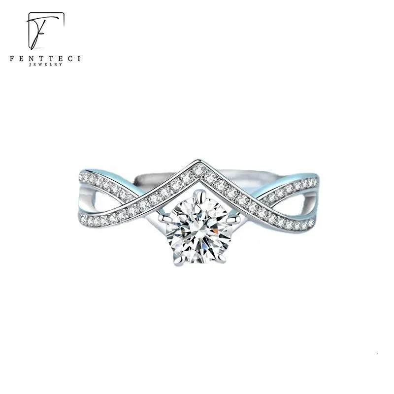 Anneaux de mariage Fentteci 925 STERLING Silver Platinum Plated Luxury 1ct D Color Ring pour les femmes Cross Vshaped Twist Arm 230811