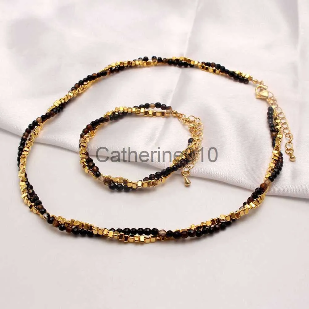 Pendanthalsband Semi Ornament Black Agate Natural Stone Pärledarmband Halsband för kvinnor Multi -skiktade ljus lyxkrage kedja J230811