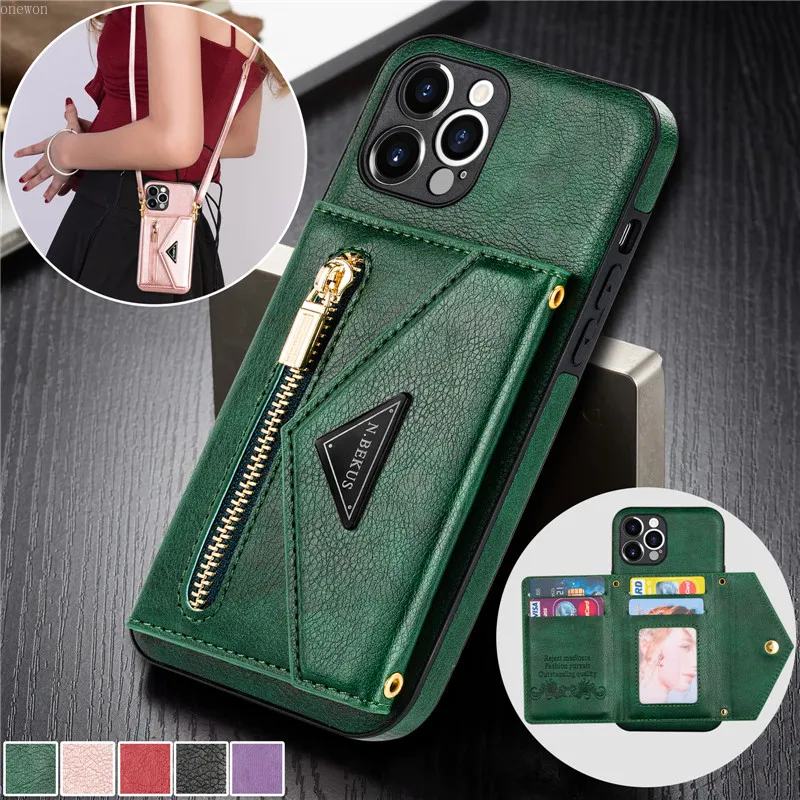 Lanyard Zipper Wallet Phone Cases For iPhone 13 12 11 14 15 Pro Max X XS XR 8 7 6 Plus SE Leather Purse Card Holder Cover Coque