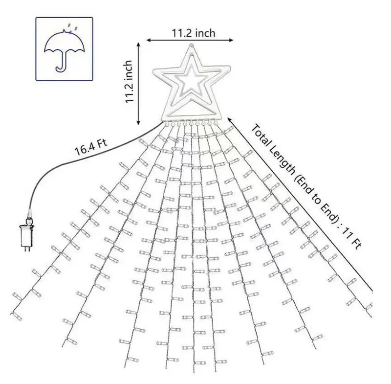 Christmas led string lights Outdoor 11ft 350 LEDs 8 Modes Star Waterfall Hanging Lighting with 110v 220v plug solar powered for Xmas Holiday Garden