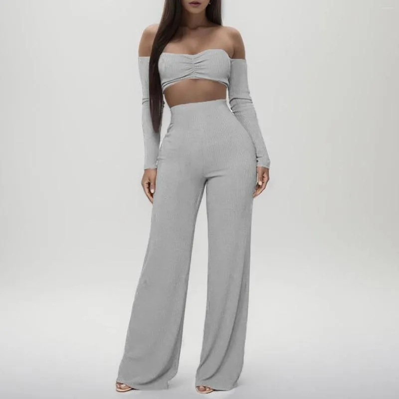 Women's Two Piece Outfits 2023 Off Shoulder Casual Crop Tops Blouse and  High Waist Palazzo Pants Set