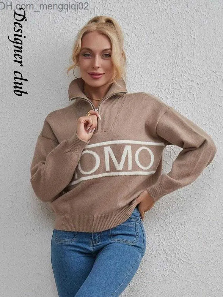 Women's Sweaters Elegant Letter Printing Women's Sweater Fashion Zipper Lapel Long Sleeve Short Sleeve Sweater 2023 Autumn Winter Women's Fashion Knitting Z230811