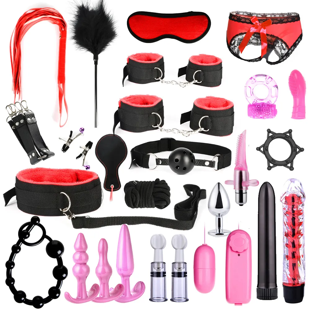 Vuxna leksaker bdsm sexiga läder kit vuxna sex leksak set för kvinnor män handbojor bröstvårta klämmor piska spanking metall anal plug vibrator rumpa 230811