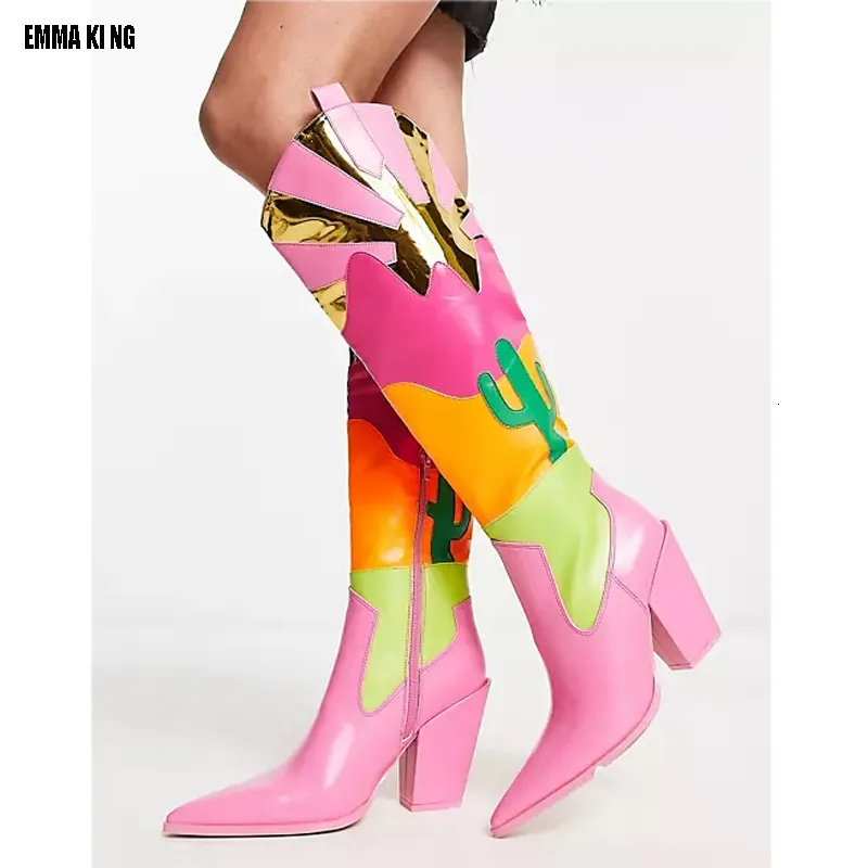 Boots Patchwork Western Women Cowboy Boots Leather Knee High Shoes Pink Cowgirl Pointed Toe Boots Cosplay Shoes 44 230811