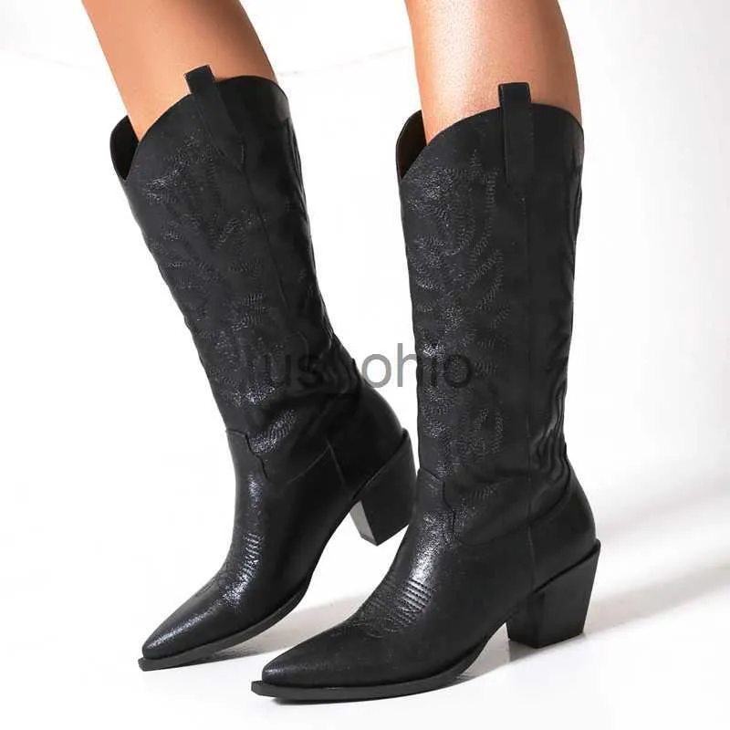 Botas 2023 MBROider Western Cowboy Boots for Women High Heels Boots Ladies Cowgirl Boots Wide Calf Boots Black Pink Bota Feminina J230811