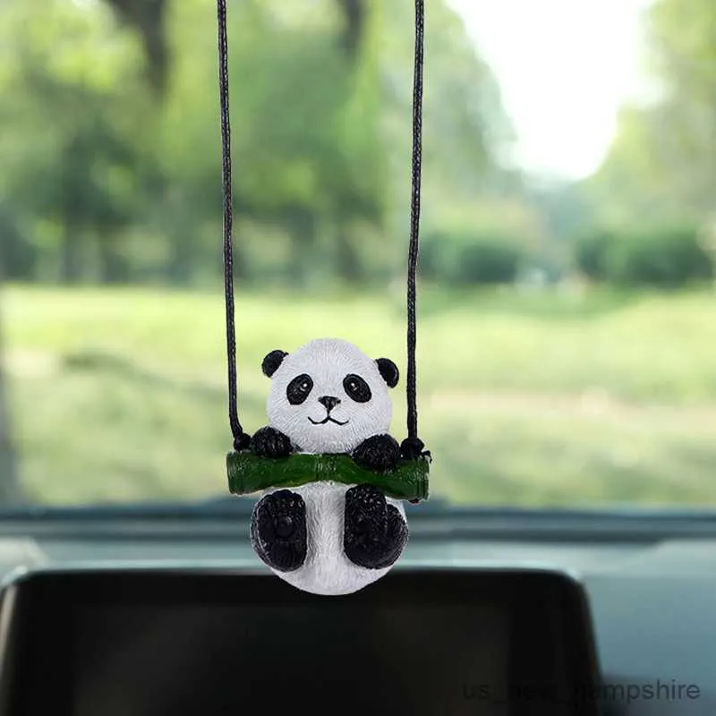 Cute Panda Mirror Car Pendant Interior Leather Lanyard With Resin