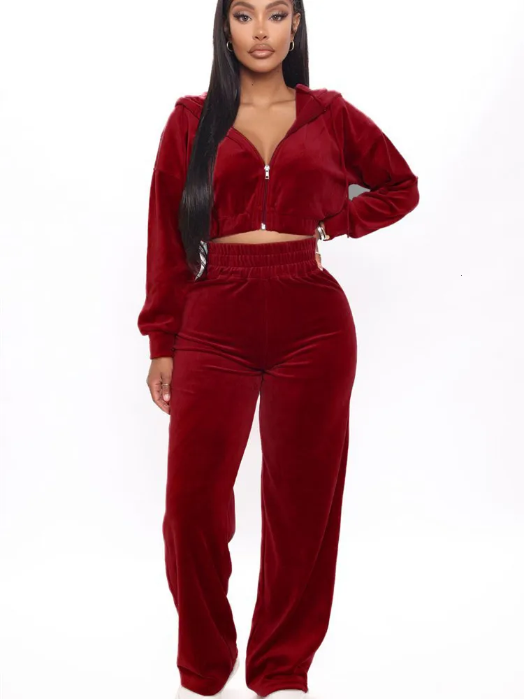 Womens Two Piece Pants Velvet Tracksuit Women Set Autumn Clothes dragkedja Hoodies Crop Top och sätter kvinnliga Velor 2 Outfits 230810