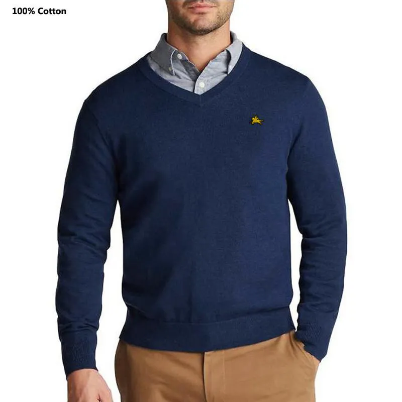 Maglioni maschili 100% Cotton di alta qualità Pullover primaverili di alta qualità da ricamo a maglia da ricamo casual Vneck Fit Hommes Abbigliamento 230811