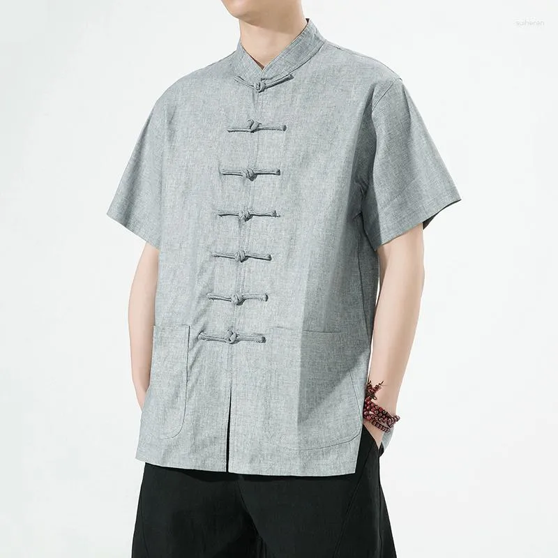 Ubranie etniczne Sincyzm retro guziki lniane krótkie rękawie top męski garnitur tradycyjny chiński koszulka tai chi luźna hanfu