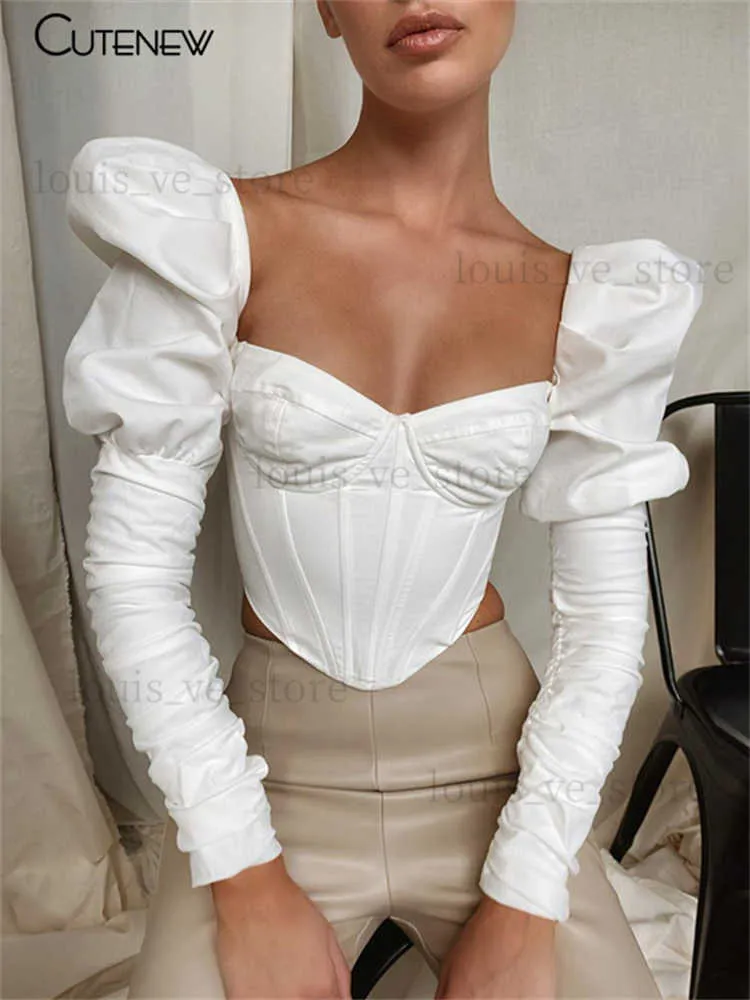 Cutenew Elegant Romantic Irregular Croped Corset Top Women Stylish Puff Sleeve Vacation Crop Top Skinny Casual Streetwear Female T230811