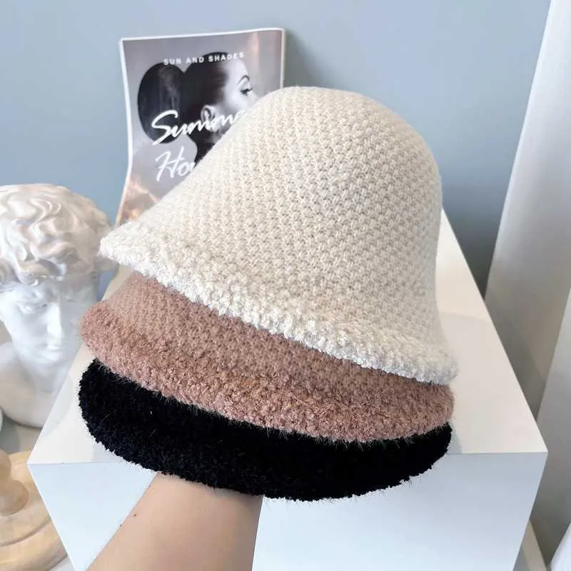 Шляпа шляпы с широкими кражами ковша шляпы осень и зимний кашемир вязаная шляпа для женщин Простая шляпа бассейна с кисточником Универсальная рыбак