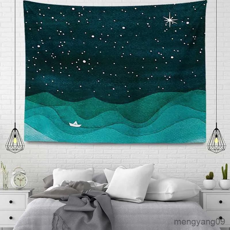 Tapisserier Anpassningsbara väggdekoration Tapestry Vackra Ocean Sky Accessories Wall Hanging Blue Large Fabric Wall Home Autumn R230811