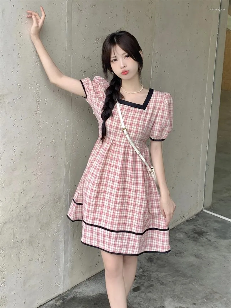 Korean Style Plaid Casual Skirt Dress with High Waist and Square Collar for Women - Perfect for Summer, A-Line Style, and Age-Reducing