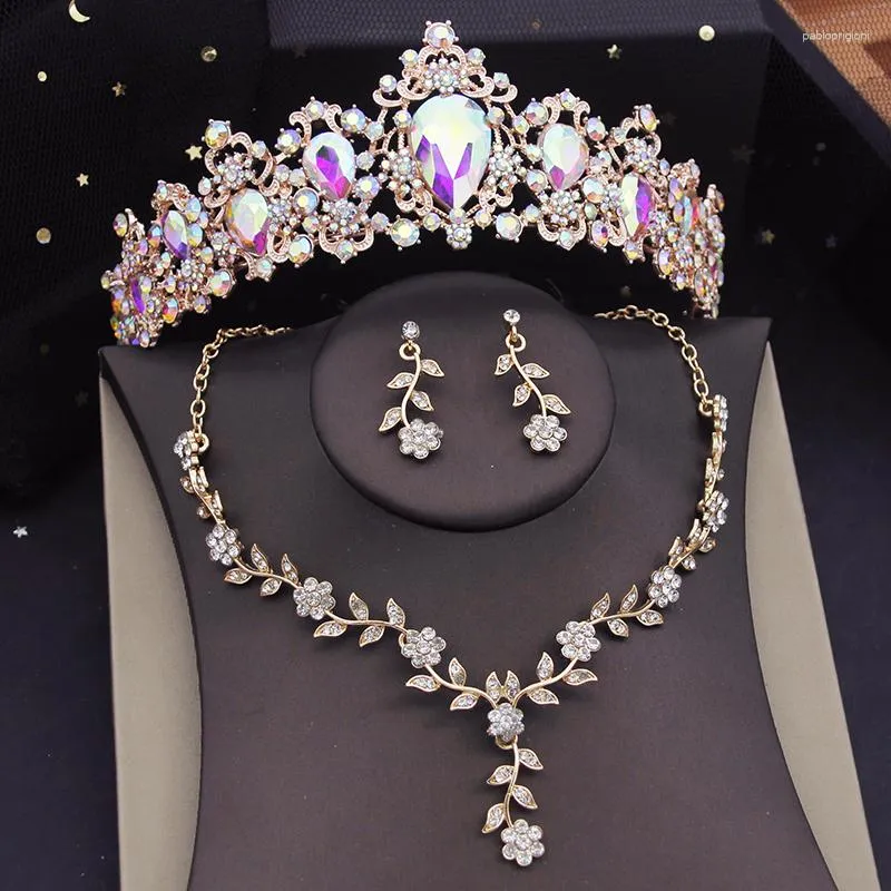 Collana Orecchini Set Splendida Corona di Cristallo Sposa Per Le Donne Tiara Sposa Fiore Prom Accessori per Nozze_voghion.com