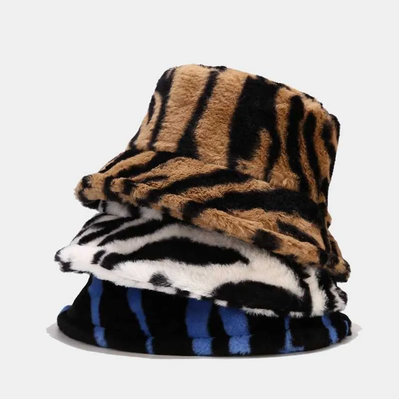 Wide Brim Hats Bucket Hats Winter Zebra Pattern Faux Fur Fluffy Bucket Hats Women Outdoor Warm Sun Hat Soft Velvet Furly Fisherman Cap Lady Fashion Panama