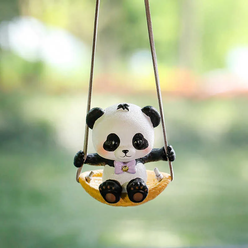 Cute Panda Mirror Car Pendant Interior Leather Lanyard With Resin