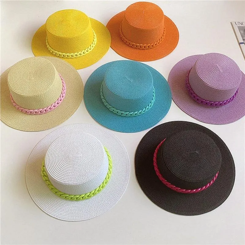 Visors Female Summer Candy Colors Girl Straw Hat Weaving Travel Beach Sunshade Sun Hat Flat Top Hat With Detachable Chain 230811