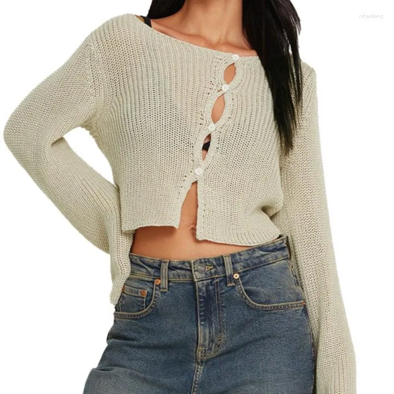 Women's Knits Women Knit Crop Tops Summer Fall Button Down Knitwear T-shirts Long Sleeve Crew Neck Solid Cutout Slim Cardigan Casual