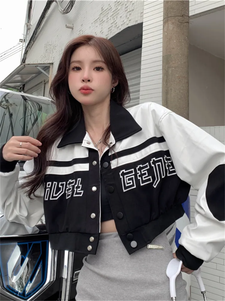 QWEEK Y2K Vintage PU Leather Womens Varsity Casual Jackets