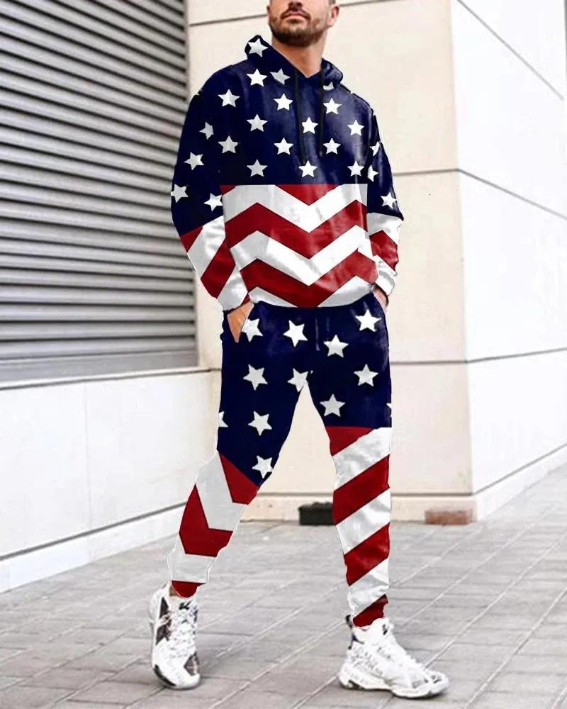Mens Tracksuits Autumn Hoodies Set Fashion 3D Printed American Flag Trendy Tracksuit Sweatshirt Sweatpants Passar Casual Male Sports Outfit 230811