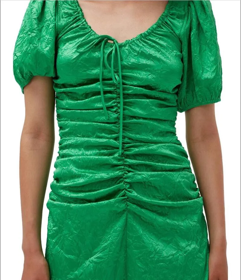 23 Summer New g-an-l Green U-neck Bubble Sleeve Slim Fit Pleated Sexy Silk Satin Dress Women's Dress