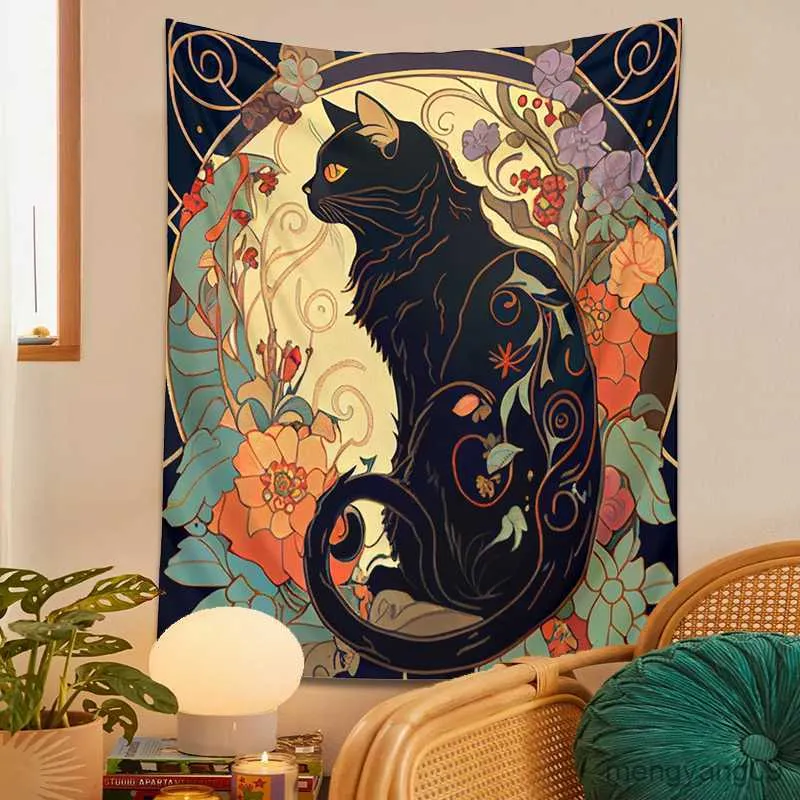 Tapestries Black Cat Tapestry Wall Hanging Rose and Sunbeam Art Nouveau Floral Wall Art Animal Cat Lovers Gift Home Decor R230812