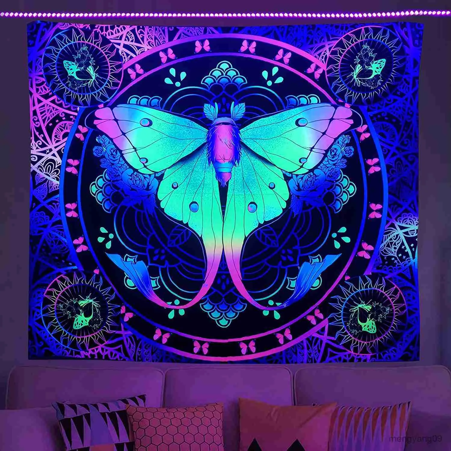 Taquestres de tapeçaria fluorescente luminosa decoração de pano pendurado decoração interior luminosa sob luz ultravioleta r230812