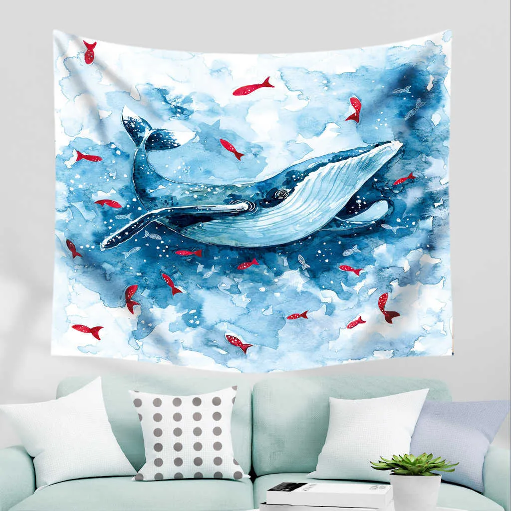 Tapestries Sea Animal Whale Fantasy Akvarell Målning Tapestry vardagsrum sovrum dekoration bakgrund hängande anime