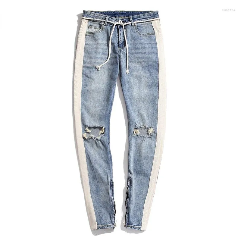 Men's Jeans Men Streetwear Ripped Skinny Hip Hop Side Stitching Knee Holes Ankle Zipper Destroyed Joggers Denim Pants
