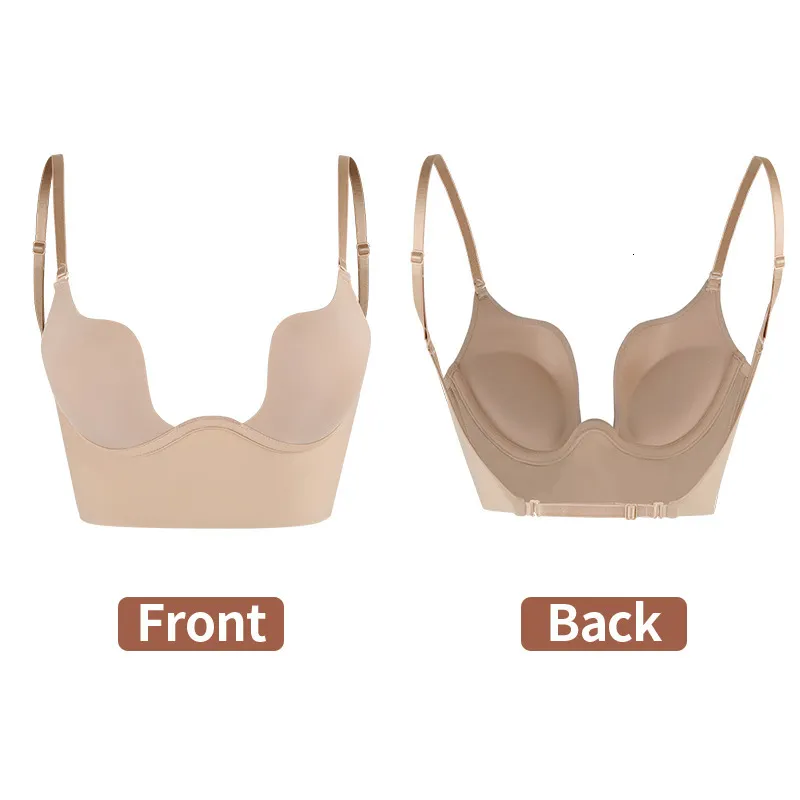 Women's Deep U Plunge Convertible Bra with Clear Straps Push Up Padded Low  Cut Backless Bras for Wedding