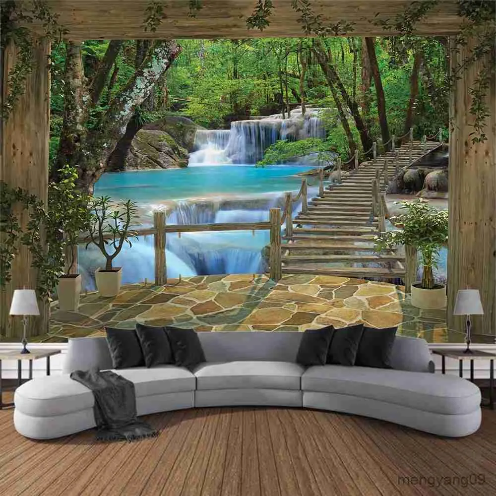 Tapestries Customizable Balcony Landscape Waterfall Tapestry Wall Hanging Sea and Sky Beautiful Room Art Fabric Large Background Wall R230811