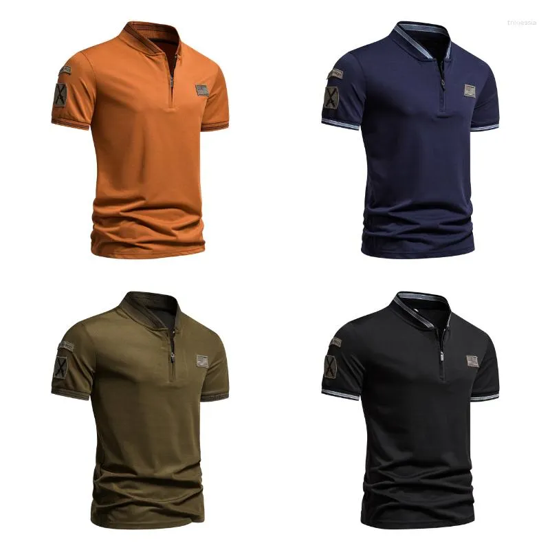 Men's Polos 4 Colors!2023 Summer Standing Neck T-shirts High Quality Slim Fit Tees Street Short Sleeve Outdoor Sports T-shirt