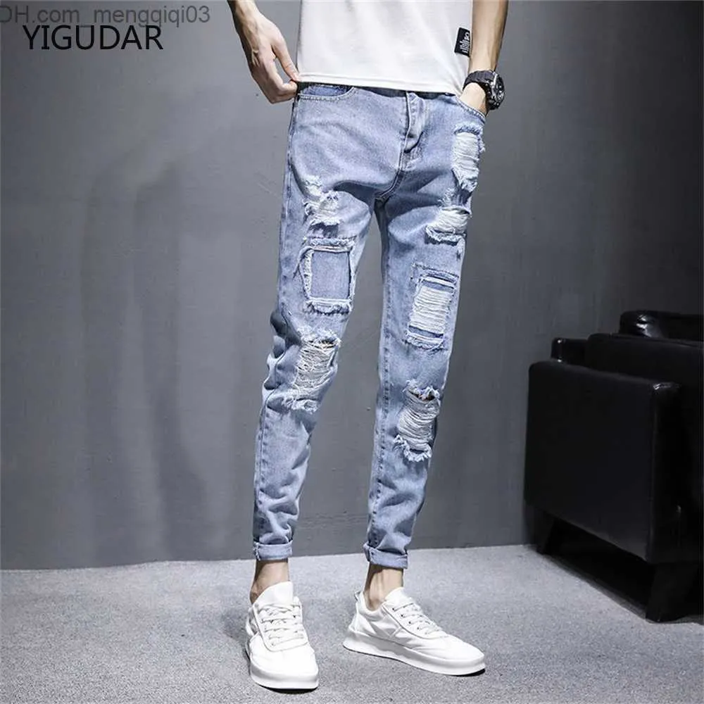 Jeans masculins 2022 Nouveau jean de déchirure serrée masculine Fashion Men's Casual Stretch Cotton Ultra Thin Denim Pantal