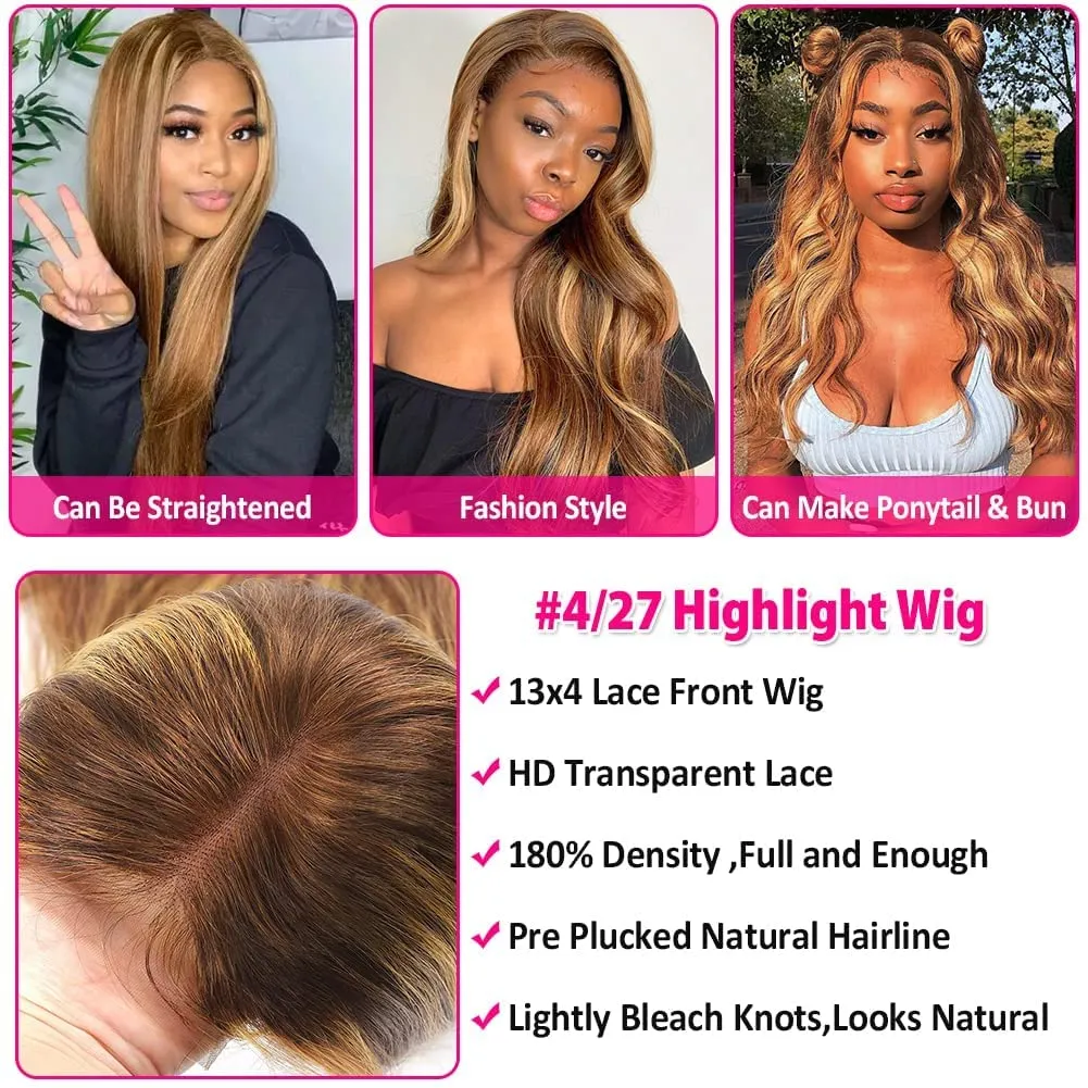 180%density 28 30 Inch Highlight Honey Body Wave 13x4 HD Lace Front Human Hair Wigs Remy Ombre Colored Wavy Lace Frontal Wigs for Women