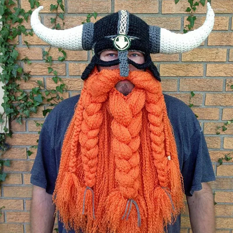 Berets Funny Party Cosplay Man Women Mask Halloween Cap Men's Head Beard Beanie Horn Hat Handmade Winter Warm Birthday Gift