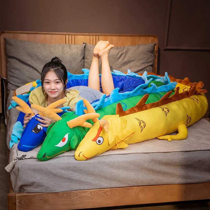 Animaux en peluche 220 cm de long Dragon en peluche doux animaux en peluche poupée grand dragon dormant pour filles enfants garçons cadeaux d'anniversaire