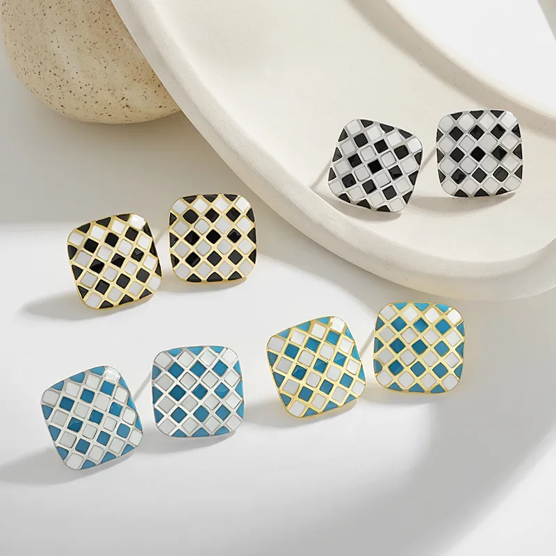 stud Earrings S925 Sterling Silver Women's Enamel Earrings Designer Retro Irregular Glue Square Checkerboard Luxury stud Earrings