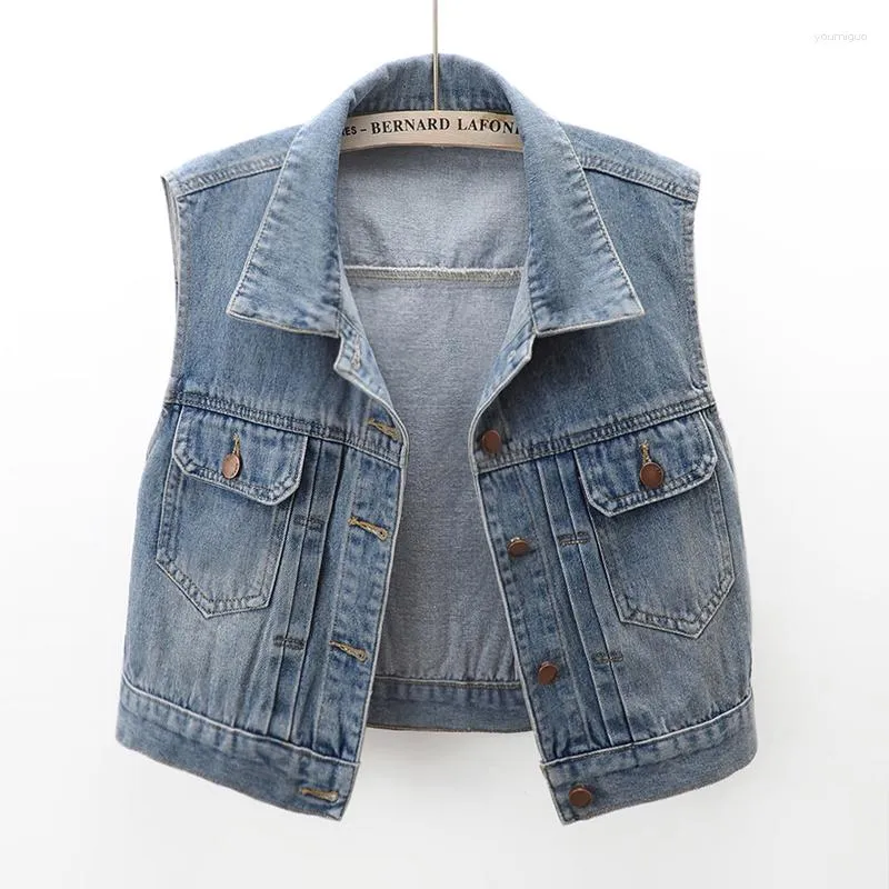 Kvinnors västar stora fickor denim väst kvinnor smal kort cowboy waistcoat jacka vår sommar vintage blå ärmlös jeans kvinna