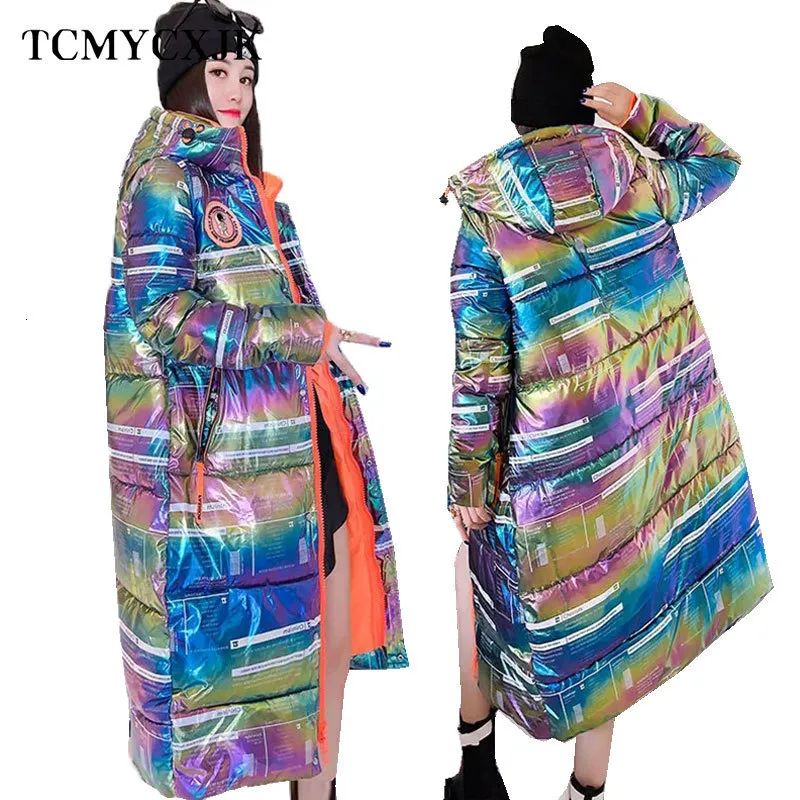 レディースジャケットプリントフード付きジャケット冬のハラジュクブライトロングボンバージャケットプラスサイズ高品質の厚い温かい女性コート230811