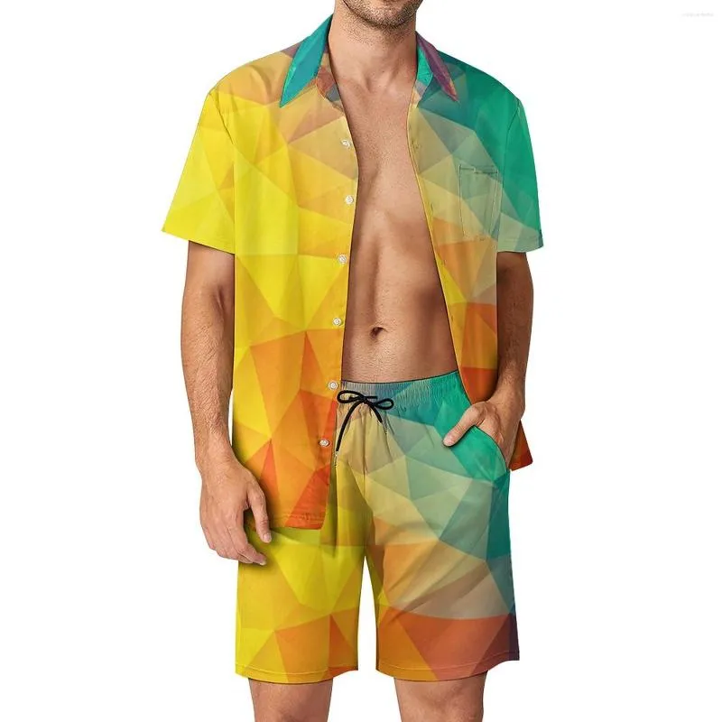 Herrespår multi abstrakt geometri män sätter cubizm målning casual skjorta set roliga strand shorts sommar design kostym tvådelar kläder