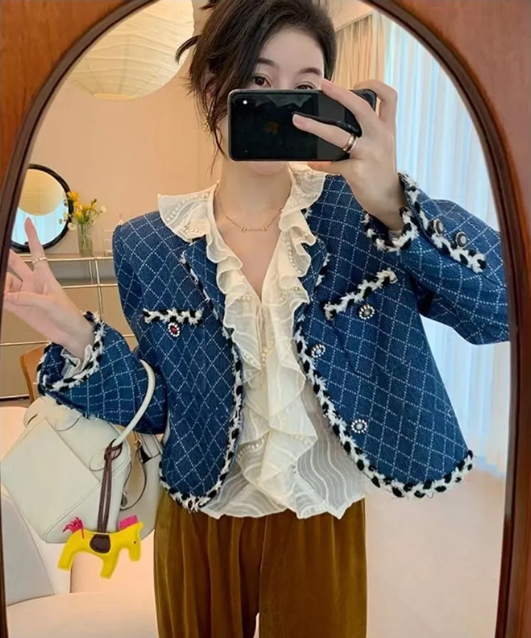 Chan CCC 2023 Print Cowboy Coat Compley Women Women Clothing Designer Fashion Rhombic Grain Denim Jacket Jacket