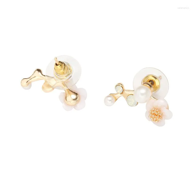 Stud Earrings Small Cute Plum Blossom Flower Simulated Pearl & Crystal Leaf Silver Plated Golden Women