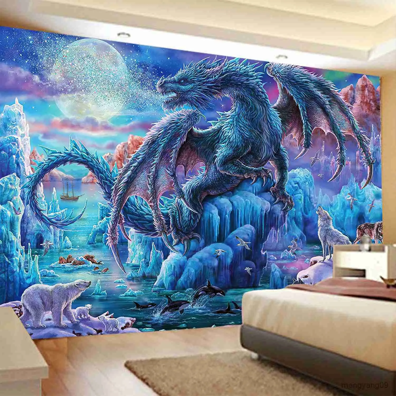 Gobeliny cyfrowe nadruk 3D Wolf Dragon Waiting Tobestry Sypialnia Zwierzę Hippie Tobest Art Decor Bedsperad Ręczniki plażowe R230812