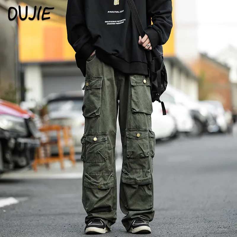 Mens Cargo Pants Full Length Loose Fit Mid Waist Zipper Fly