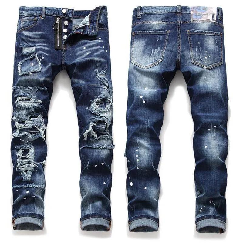 Patchwork Ripped Patchwork Straight Leg Jeans créateur de mode pour hommes Slip Fit Fit Waspied Planted Motocycle Denim Pantal