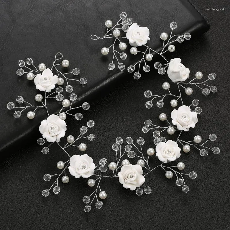 Hårklipp pärla vit blomma pannband bröllop kristall brud tillbehör handgjorda hårband pärlor dekoration kamer för kvinnor