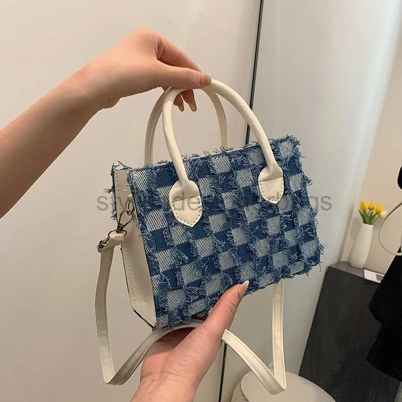 Gekleed denim tas voor trend contrasterende kleur handtas modieuze en gepersonaliseerde verwesterde schaakboard geruite damesstylishDesignerBags