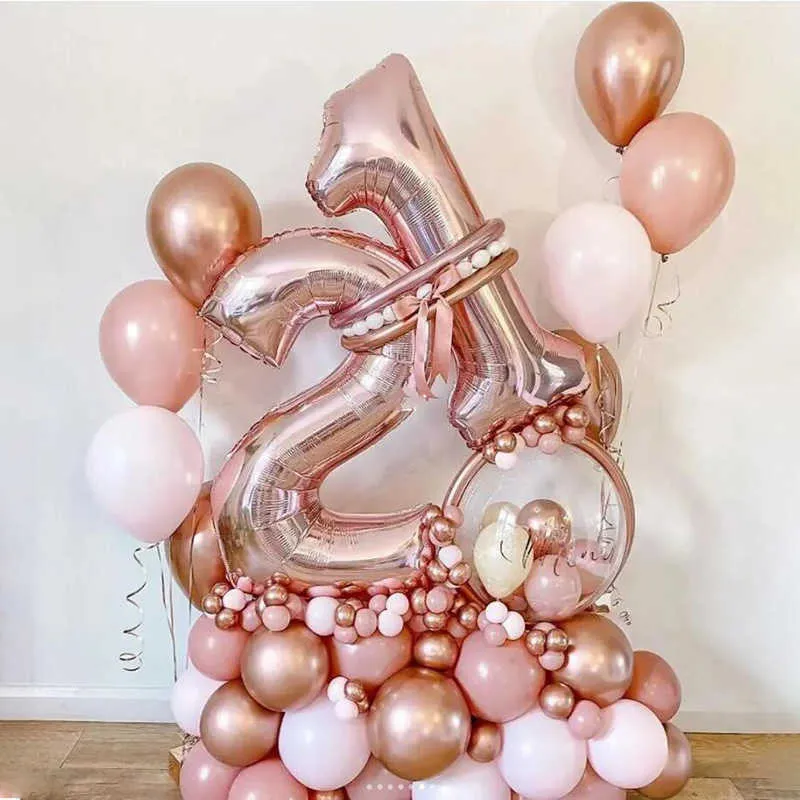Decoration 32Pcs Rose Gold Number Foil Balloons Set Metallic Balloons For Happy Birthday 16 25 30 Birthday Decorations