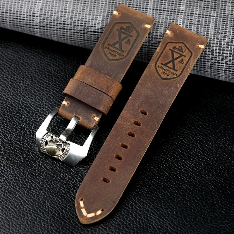 Watch Bands Handmade Bronze Watchband Buckle 20 22 23 24MM Dark Brown Vintage Brushed Leather Strap For Men's Bronze Bracelet 230810