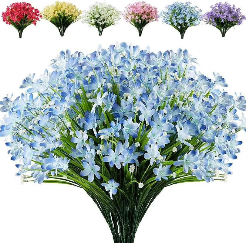 장식용 꽃 8 번들 인공 가짜 수선화 UV 저항성 결혼 정원을위한 페이드 가짜 녹지 플라스틱 연꽃 없음